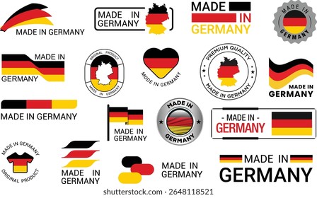 Made in Germany large collection set . Including german flag elements, map, badge design, heart shapes, and premium quality design . Collection vector illustration. Isolated on white background.