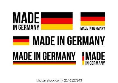 Logotipo hecho en Alemania sobre fondo blanco, icono de la bandera alemana, marca de calidad de marca comercial, marca de la compañía de europa, país de símbolo, etiqueta al por menor, botón de Berlín, embalaje de productos premium