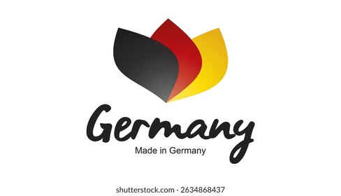 Made in Germany logo, sticker. Abstract Germany flag and ribbon in shape of leaf flower with handwritten typography lettering