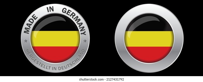 Hecho en Alemania con antecedentes transparentes. Ilustración vectorial Insignia de plata redonda. Plato metálico con bandera de Deutschland. Bandera de Alemania en el marco redondo de platino. 