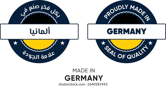 Made in Germany. Premium labels English and Arabic, stickers, pointer, badge and symbol of Germany flag icon. Collection vector illustration