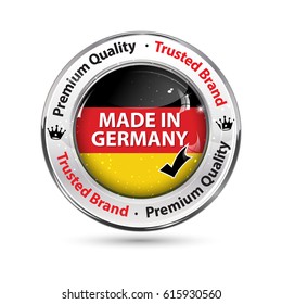 Made in Germany, Premium quality, Trusted brand - business commerce shiny icon with the German flag. Suitable for retail industry.