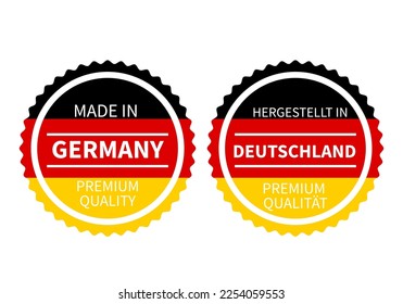 Made in Germany round labels in English and in German languages. Quality mark vector icon. Perfect for logo design, tags, badges, stickers, emblem, product package, etc.