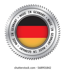 Made in Germany silver badge with the flag symbol of German in the center. Vector illustration isolated on white background.
