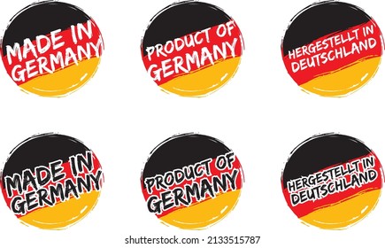 Fabricado en Alemania - Etiqueta adhesiva con texto y bandera que indica el país de origen o de fabricación. Sello vectorial redondo en estilo grunge.