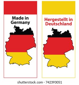 Made in Germany - (Translation of the German text: Hergestellt in Deutschland). Banner set for print, designed for the German retail market. Map and flag of Germany included.