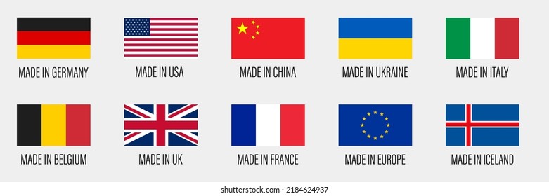 Made in Germany, USA, China, Ukraine, Italy, Belgium, United Kingdom, Frane, Europe. Vector illustration