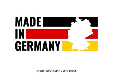 hecho en alemania, logotipo vectorial con franjas coloreadas de bandera alemana y mapa del país