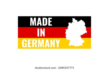 made in germany, vector logo with german flag colored stripes and country map