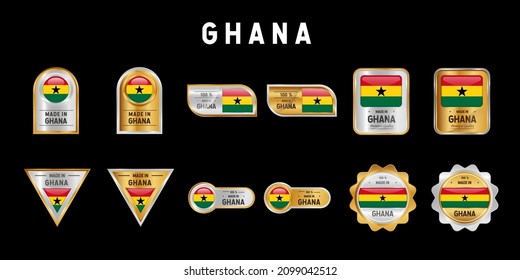 Made in Ghana Label, Stamp, Badge, or Logo. With The National Flag of Ghana. On platinum, gold, and silver colors. Premium and Luxury Emblem