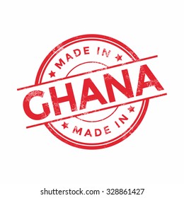 Made in Ghana red vector graphic. Round rubber stamp isolated on white background. With vintage texture.