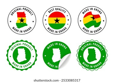 Made in Ghana - conjunto de etiquetas, selos, distintivos, com o mapa e bandeira de Gana. Melhor qualidade. Produto original. Ilustração vetorial