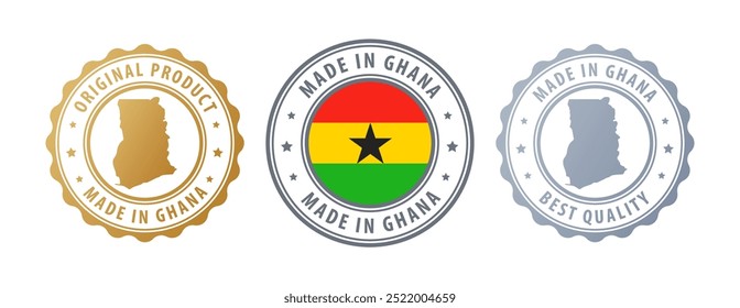 Made in Ghana - Briefmarken mit Karte und Flagge. Beste Qualität. Originalprodukt. Vektorgrafik