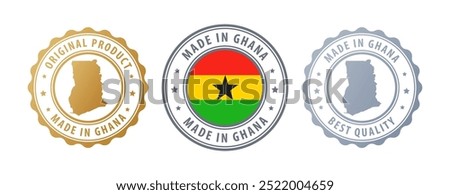 Made in Ghana - set of stamps with map and flag. Best quality. Original product. Vector illustration