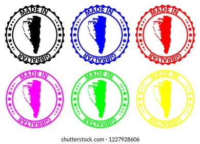 Made in Gibraltar - rubber stamp - vector, Gibraltar map pattern - black, blue, green, yellow, purple and red