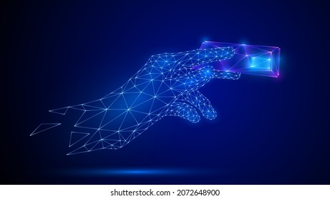Made from glowing blue triangular polygonal mesh hand holding a bank card