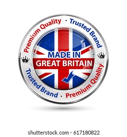 Made in Great Britain  - business commerce shiny icon with the English flag on the background. Suitable for retail industry.