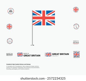 Made in Great Britain Stamps, Flag, Tags, labels, Seals, Icons. Creative Designs for Branding and Packaging