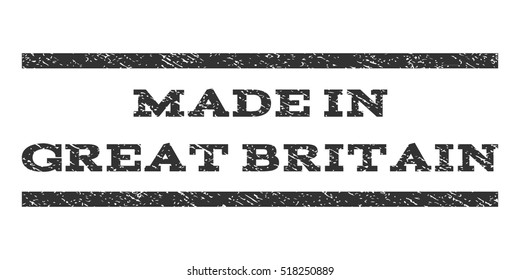 Made In Great Britain watermark stamp. Text caption between horizontal parallel lines with grunge design style. Rubber seal stamp with dust texture.