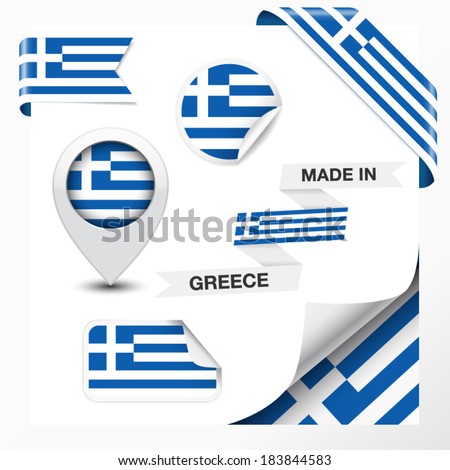 Made in Greece collection of ribbon, label, stickers, pointer, icon and page curl with Greek flag symbol on design element. Vector EPS 10 illustration isolated on white background.