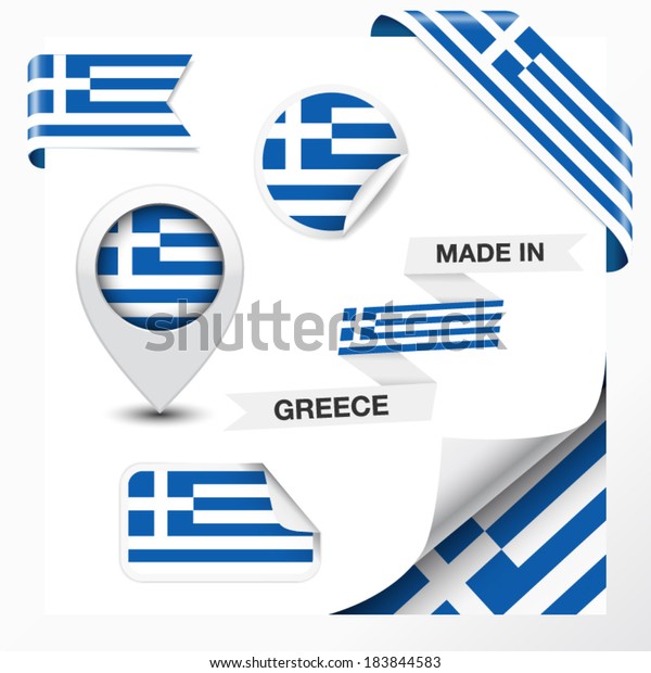 Made in Greece\
collection of ribbon, label, stickers, pointer, icon and page curl\
with Greek flag symbol on design element. Vector EPS 10\
illustration isolated on white\
background.