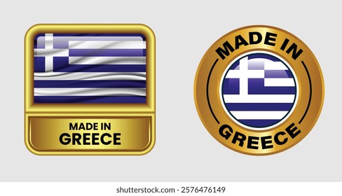 Made in Greece label icon set in gold color, featuring both rectangular and circular designs. Includes the Greece flag icon, ideal for business and product branding