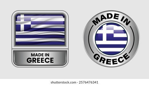 Made in greece label icon set in silver color, featuring both rectangular and circular designs. Includes the greece flag icon, ideal for business and product branding