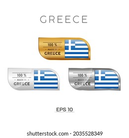 Made In Greece Label, Stamp, Badge, Or Logo. With The National Flag Of Greece. On Platinum, Gold, And Silver Colors. Premium And Luxury Emblem