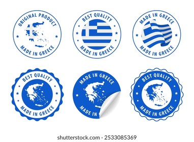 Made in Greece - conjunto de etiquetas, selos, distintivos, com o mapa e bandeira da Grécia. Melhor qualidade. Produto original. Ilustração vetorial