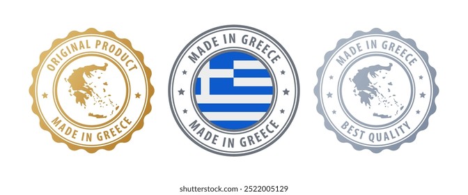 Made in Greece - Serie von Marken mit Karte und Flagge. Beste Qualität. Originalprodukt. Vektorgrafik