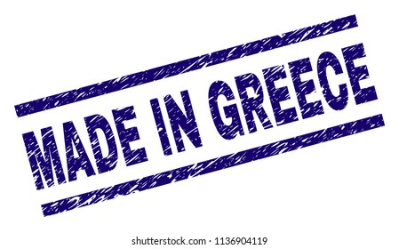 MADE IN GREECE stamp seal watermark with scratced style. Blue vector rubber print of MADE IN GREECE caption with grunge texture. Text caption is placed between parallel lines.