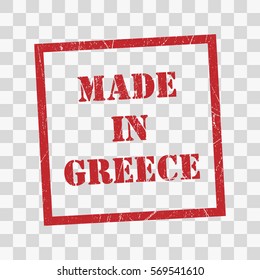 made in Greece text rubber seal stamp watermark. Caption inside rounded rectangular banner with grunge design and dirty texture. Slanted vector ink sticker on paper background.