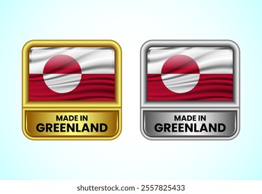 Made in Greenland label icon in gold and silver color. Flag icon set for business