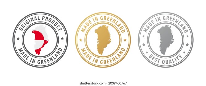 Hecho en Groenlandia - conjunto de sellos con mapa y bandera. La mejor calidad. Producto original. Ilustración del vector