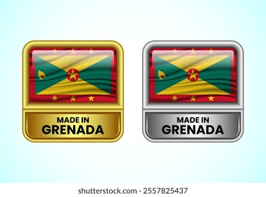 Made in Grenada label icon in gold and silver color. Flag icon set for business