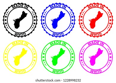 Made in Guam - rubber stamp - vector, Guam map pattern - black, blue, green, yellow, purple and red