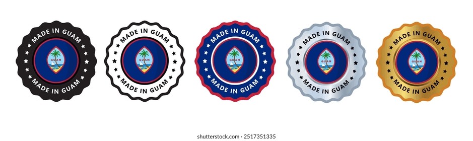 Made in guam set of sign stamp badge, with varian color blue, silver, gold, black suitable for products manufactured, military, agriculture or food vector illustration eps editable text