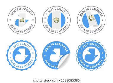 Hecho en Guatemala - conjunto de etiquetas, sellos, insignias, con el mapa de Guatemala y la bandera. La mejor calidad. Producto original. Ilustración vectorial