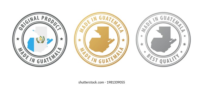 Made in Guatemala - set of stamps with map and flag. Best quality. Original product. Vector illustration