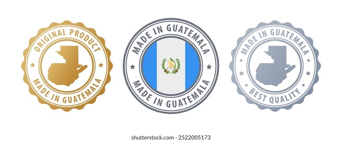 Hecho en Guatemala - conjunto de sellos con mapa y bandera. La mejor calidad. Producto original. Ilustración vectorial