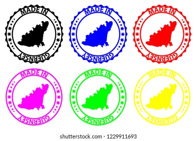 Made in Guernsey - rubber stamp - vector, Guernsey map pattern - black, blue, green, yellow, purple and red