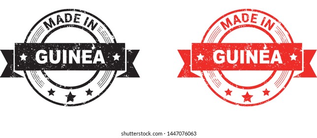 Made in Guinea collection of ribbon, label, stickers, badge, icon and page curl with Guinea flag symbol. Vector illustration isolated on white background.  Stamp with Made in Guinea text.
