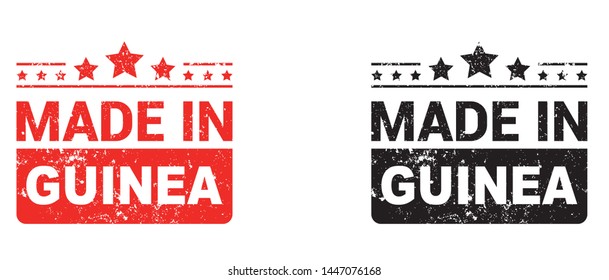 Made in Guinea collection of ribbon, label, stickers, badge, icon and page curl with Guinea flag symbol. Vector illustration isolated on white background.  Stamp with Made in Guinea text.