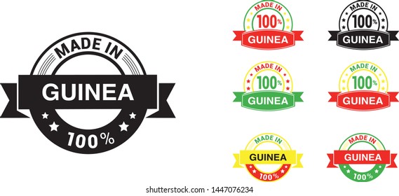 Made in Guinea collection of ribbon, label, stickers, badge, icon and page curl with Guinea flag symbol. Vector illustration isolated on white background.  Stamp with Made in Guinea text.