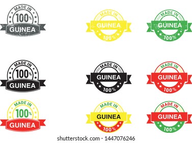 Made in Guinea collection of ribbon, label, stickers, badge, icon and page curl with Guinea flag symbol. Vector illustration isolated on white background.  Stamp with Made in Guinea text.