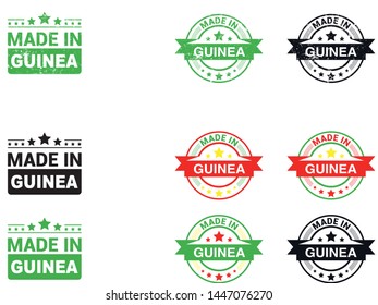 Made in Guinea collection of ribbon, label, stickers, badge, icon and page curl with Guinea flag symbol. Vector illustration isolated on white background.  Stamp with Made in Guinea text.