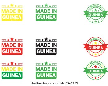 Made in Guinea collection of ribbon, label, stickers, badge, icon and page curl with Guinea flag symbol. Vector illustration isolated on white background.  Stamp with Made in Guinea text.