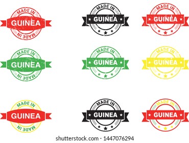 Made in Guinea collection of ribbon, label, stickers, badge, icon and page curl with Guinea flag symbol. Vector illustration isolated on white background.  Stamp with Made in Guinea text.