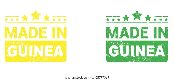 Made in Guinea collection of ribbon, label, stickers, badge, icon and page curl with Guinea flag symbol. Vector illustration isolated on white background.  Stamp with Made in Guinea text.