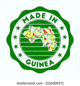 Made In Guinea. Country round stamp. Seal of Guinea with border shape. Vintage badge with circular text and stars. Vector illustration.